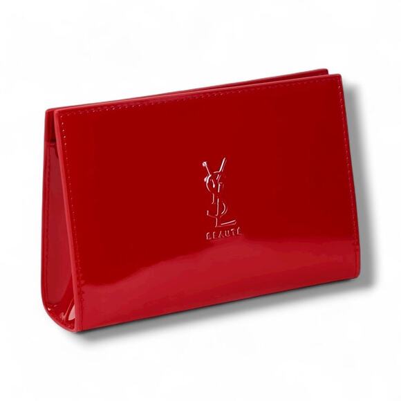 Yves Saint Laurent Makeup Pouch YSL Beaute Shiny RED Clutch Cosmetic NEW - Picture 2 of 7